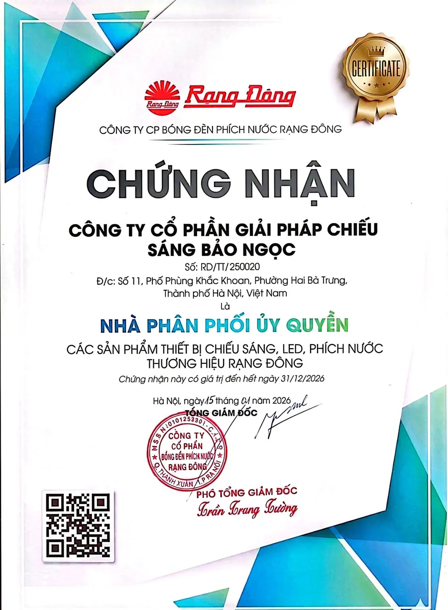 Chứng nhận nhà phân phối ủy quyền Rạng Đông số RD/TT/250020 cấp cho Công ty CP Giải pháp Chiếu sáng Bảo Ngọc